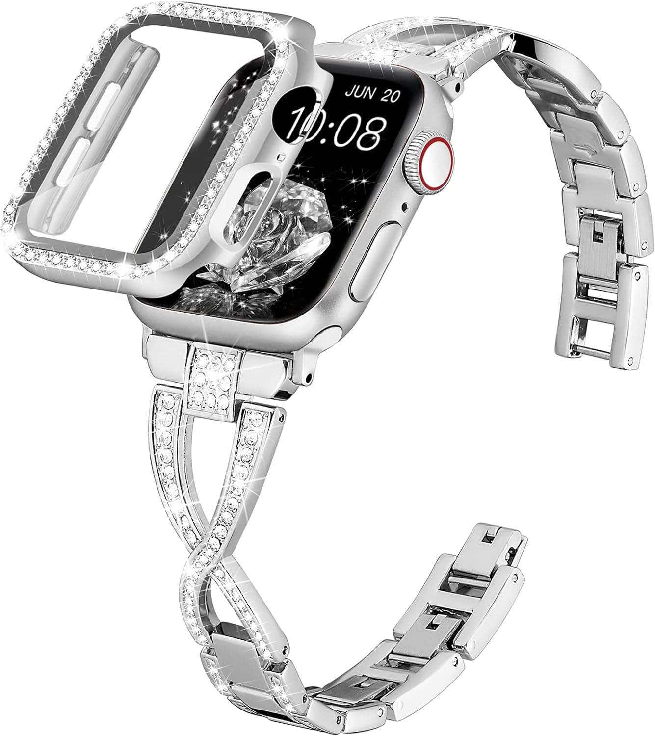 wipalor Dressy X Band for Silver Apple Watch Bands 44mm for Women with Bling Diamond Case, Metal Thin iWatch Bands for women, Designer Cute Band for Apple Watch SE Series 6 Series 5 4-Silver